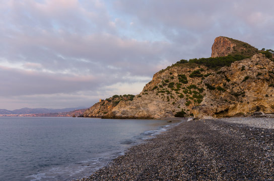 First hours of the day at Cantarrijan beach, the best nudist beach on the Costa del Sol and Costa Tropical of Granada