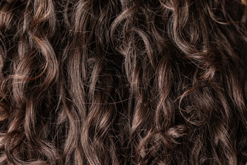 A close up and macro view on the dark brown hair of a girl with curly locks, filling the frame with...