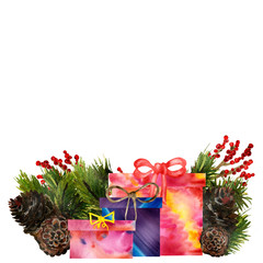 Watercolor hand painted nature winter holiday celebration composition with green christmas tree fir branches, brown cone, little red rowan berries, three different gift boxes set with bow on the white