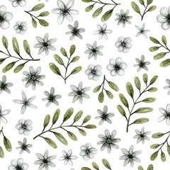 green and gray leaves branches and flowers, freehand drawing in pencil illustration, seamless pattern