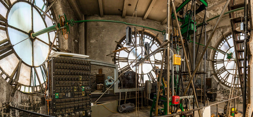 Clock tower works with gears and dials