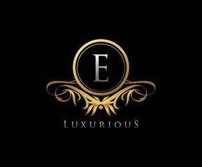 Gold E Letter Luxury Boutique , Heraldic, Royal, Decoration, Boutique Logo. Interior Icon. Fashion, Jewelry, Beauty Salon, Hotel Logo. Cosmetics, Spa Logo. Resort and Restaurant Logo.