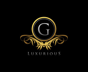 Gold G Letter Luxury Boutique , Heraldic, Royal, Decoration, Boutique Logo. Interior Icon. Fashion, Jewelry, Beauty Salon, Hotel Logo. Cosmetics, Spa Logo. Resort and Restaurant Logo.