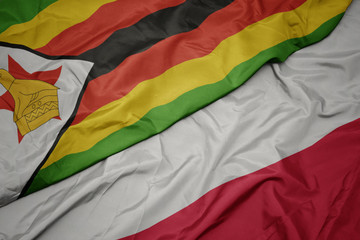 waving colorful flag of poland and national flag of zimbabwe.