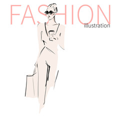 Young beautiful woman in sunglasses with cup of coffee. Stylish girl, model. Fashionable look in street style. Fashion illustration, sketch. Vector