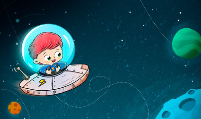 Boy traveling in a spaceship through space © malosdedos