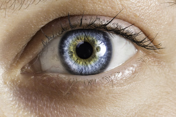 Details of a female deep blue eye with hints of green, marbled colors as girl stares straight into the camera, macro view of young caucasian eyeball.