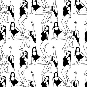 Vector pattern with  hand drawn illustration of fat women in swimsuits.  Creative tattoo artwork. Template for card, poster, banner, print for t-shirt, pin, badge, patch.