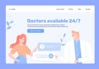 Healthcare industry. Talk with the doctor online. Medical center on the Internet. Happy friendly characters therapist and patient are chatting. Vector flat illustration. Landing Page Template.