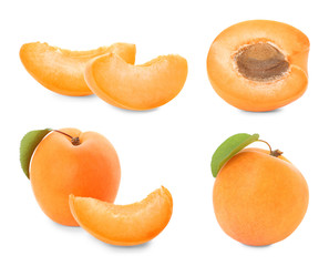 Collage of fresh ripe apricots on white background