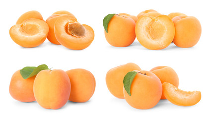 Collage of fresh ripe apricots on white background