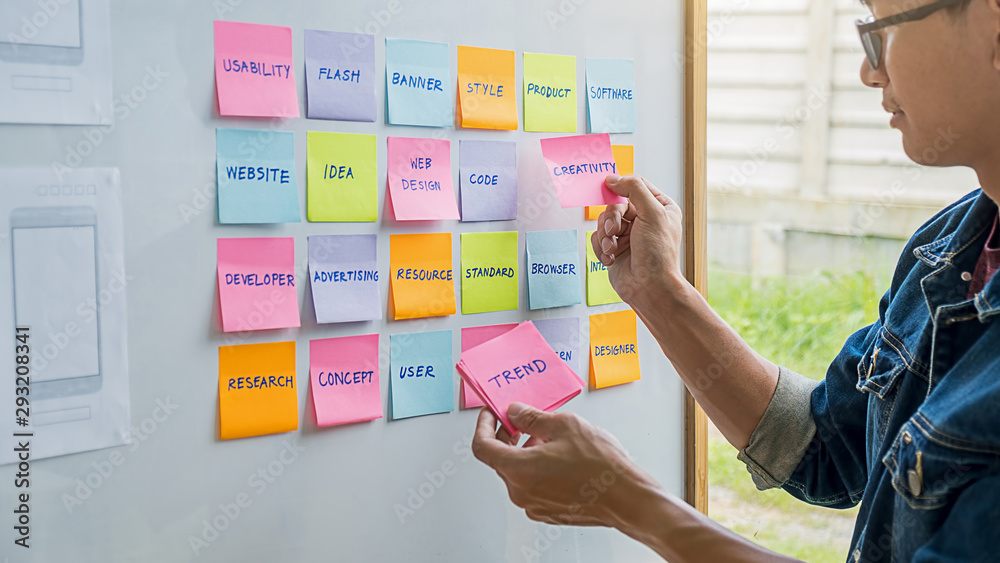 Wall mural creative web designer planning application and developing template layout, framework for mobile phon