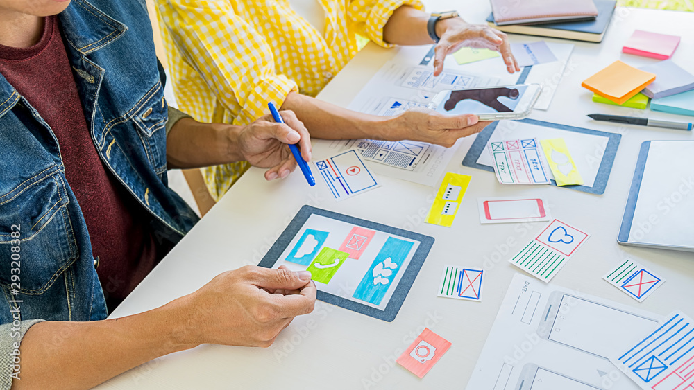 Sticker creative web designer planning application and developing template layout, framework for mobile phon