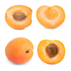 Collage of fresh ripe apricots on white background