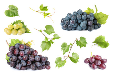 Set of fresh juicy grapes and leaves on white background