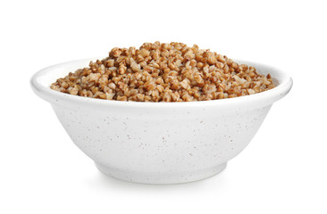 Bowl of buckwheat porridge isolated on white