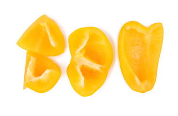 Cut yellow bell pepper isolated on white, top view