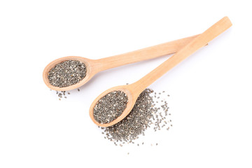 Chia seeds and wooden spoons isolated on white background