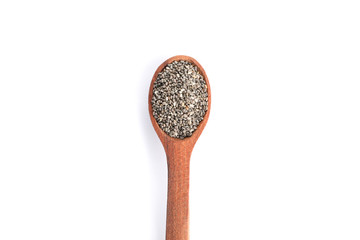 Chia seeds and wooden spoon isolated on white background