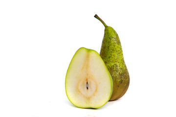 Pear isolated on a white background and piece of pear. The concept of eating and eating meals. Eating fruit, providing vitamins.
