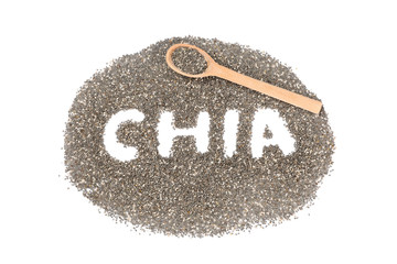 Word Chia, seeds of chia and wooden spoon isolated on white background