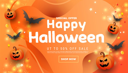 Happy Halloween greeting sale banner with bats, pumpkins, lettering on an orange background. Can be used for banner, poster, voucher, offer, coupon, holiday sale.