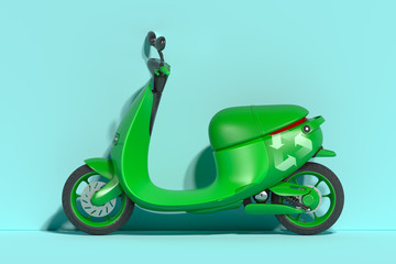 Green Electric scooter moped. eco alternative transport concept. 3d rendering. Side view. Minimalism. © ekostsov