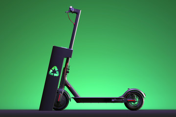 Electric scooter with electric charger. eco alternative transport concept. 3d rendering. Side view. Minimalism. © ekostsov