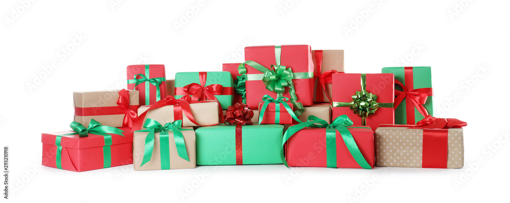 Wall mural many different christmas gift boxes isolated on white