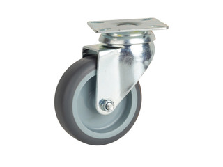 Wheel made of polyamide and gray rubber in a metal bracket isolated on a white background
