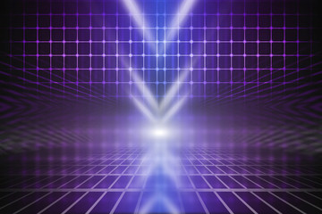 Empty background scene. Dark street reflection on wet asphalt. Rays of neon light in the dark, neon shapes, smoke. Background of an empty stage show. Abstract dark background.