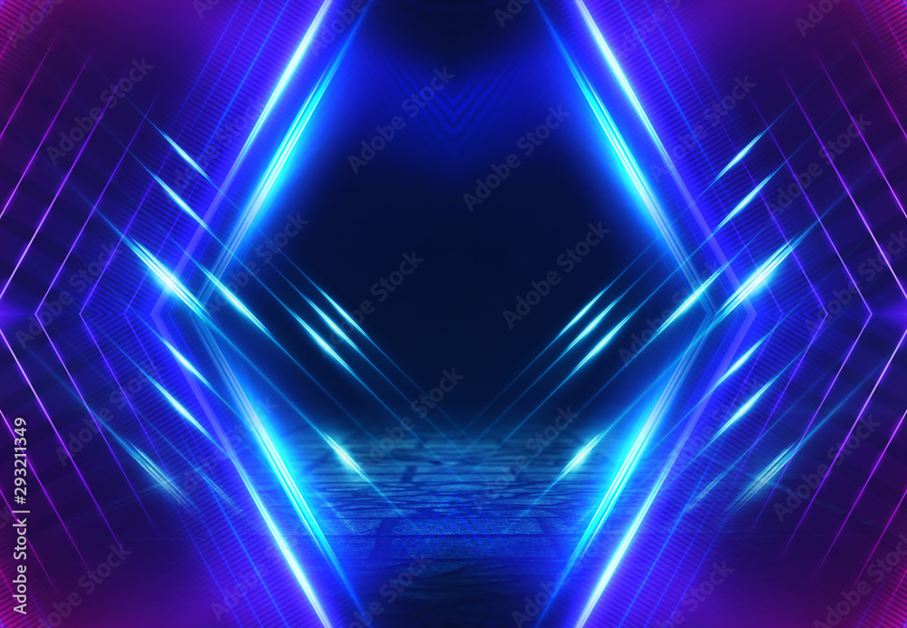 Aufkleber empty background scene. dark street reflection on wet asphalt. rays of neon light in the dark, neon 