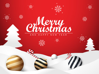 Christmas Snow and Red Background with Ball and Candy Ornament