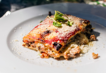 Lasagna with beef, tomatoes and eggplant, powdered with mozzarella. Restaurant serving. Lasagna on white plate.