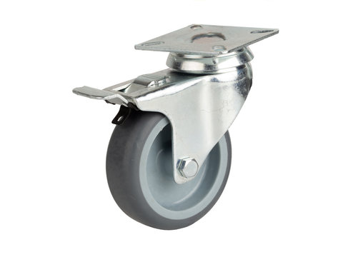 Wheel made of polyamide and gray rubber in a metal bracket isolated on a white background