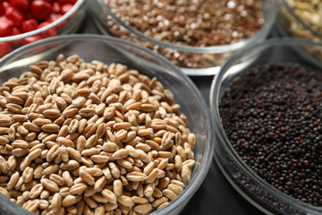 Petri dishes with treated seeds on table, closeup. Laboratory analysis