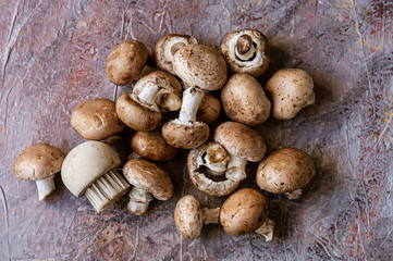 Top down view of  dirty mushrooms and a mushroom cleaning brush on a  textured surface