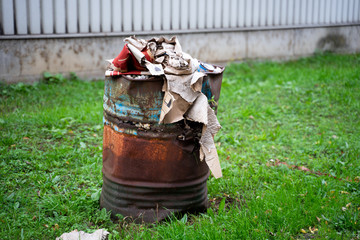 Fototapeta premium Mülltonne steht auf dem Gras