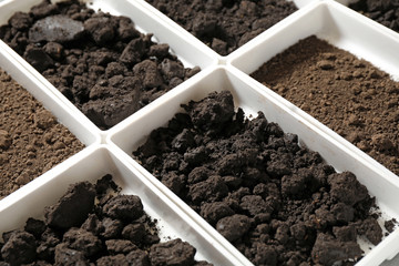 Containers with soil samples, closeup. Laboratory research