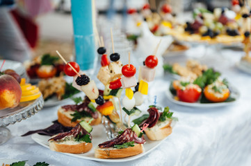 catering services background with snacks on guests table in restaurant at event party