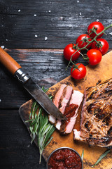 juicy grilled steak on a cutting board, tasty grilled meat, restaurant menu,