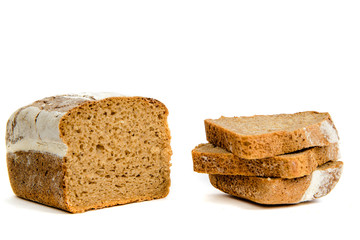 Dark bread isolated on a white background. The concept of baking bread, eating meals with rolls, bread. Product made of wheat and rye flour, bread preparation.
