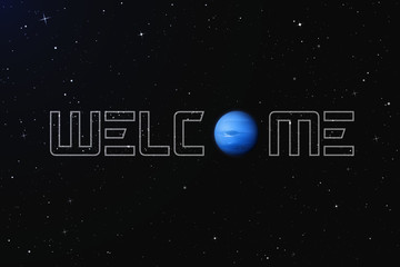 Fototapeta premium Vector illustration with planet Neptune in outer space. Space background with eighth planet of solar system. Realistic blue sphere in galaxy. Celestial object for website or astronomy calendar