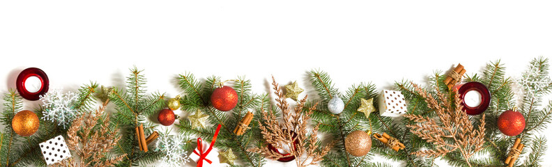 Fototapeta na wymiar Christmas flat lay, Fir branches decorated with festive balls and Christmas decor on a white mocup background with copy space long banner