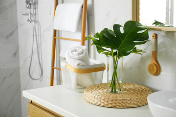 Tropical monstera leaves in stylish bathroom interior © New Africa