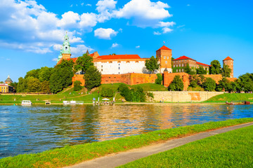 Naklejka premium View of Wawel castle on bank of Vistula river in Krakow, Poland