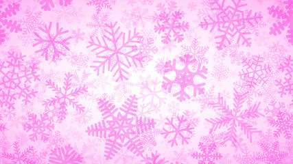 Fototapeta na wymiar Christmas background of many layers of snowflakes of different shapes, sizes and transparency. Pink on white