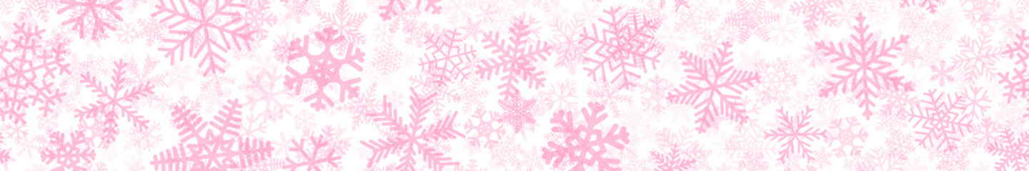 Christmas horizontal seamless banner of many layers of snowflakes of different shapes, sizes and transparency. Pink on white