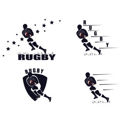 Fototapeta na wymiar Rugby player emblem with a ball. The game of Rugby. Vector illustration