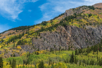 Fototapeta na wymiar Low angle landscape of tall granite mountain with yellow and green aspen trees near Ouray, Colorado